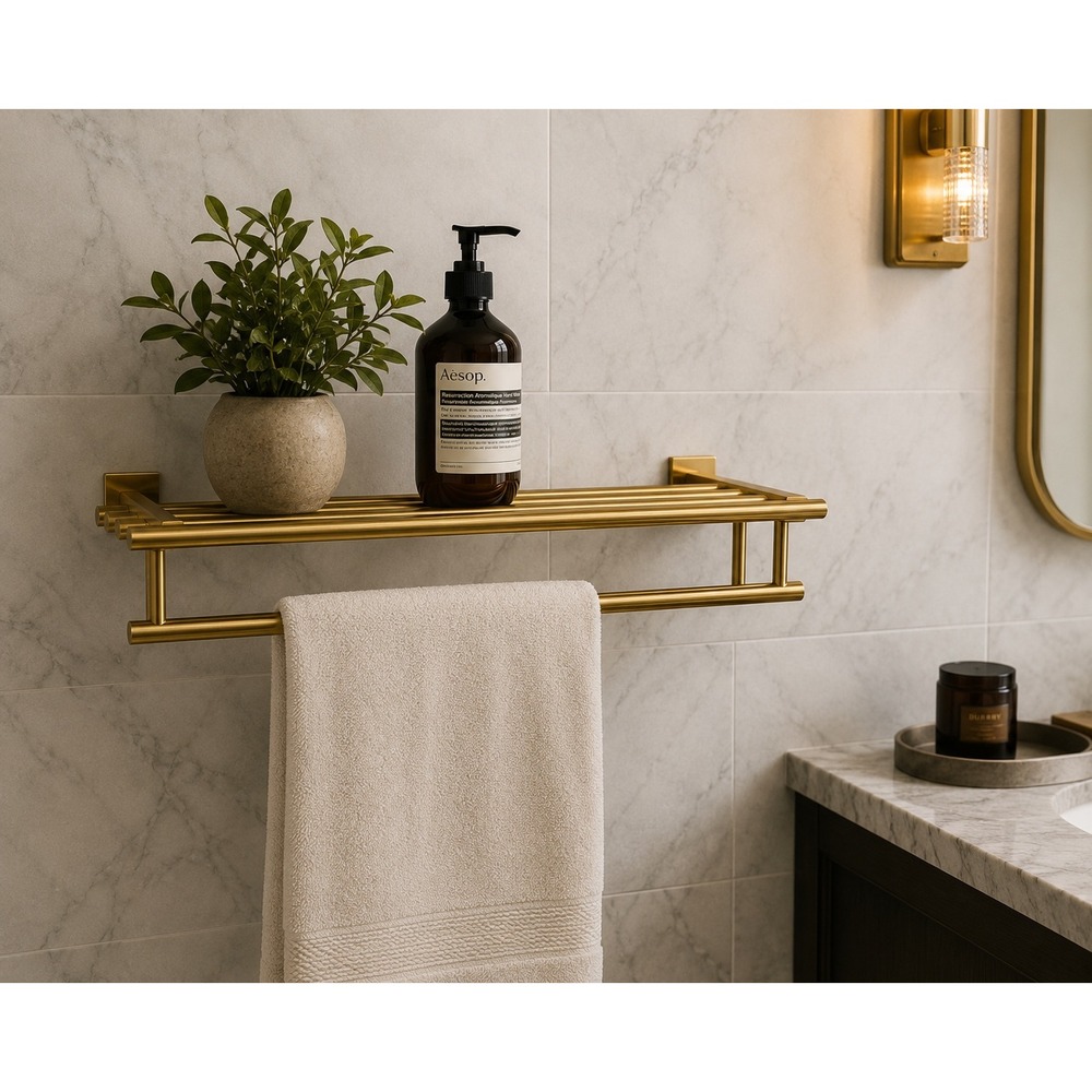 Vintage Brass Towel Rack Shelf Wall Mount Bathroom Hotel Style Organizer READ
